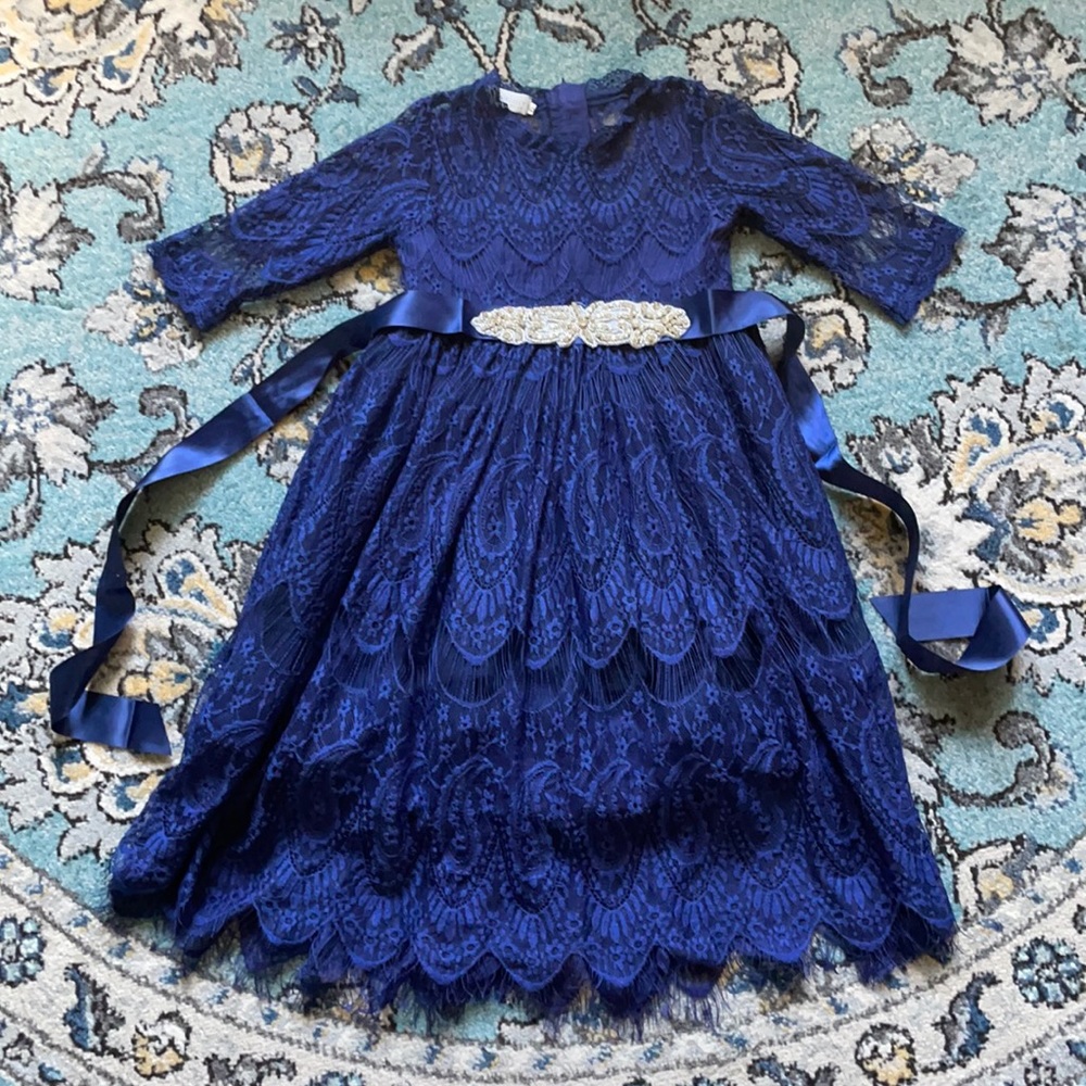 Trish Scully navy dress with sash/rhinestones